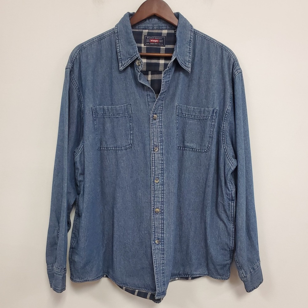 Wrangler‎ Mens Flannel Lined Button Up Denim Shirt Size L Blue Country Western
